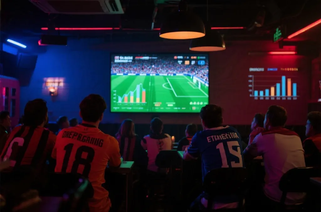 球迷在酒吧观看比赛,数据叠加的视觉效果