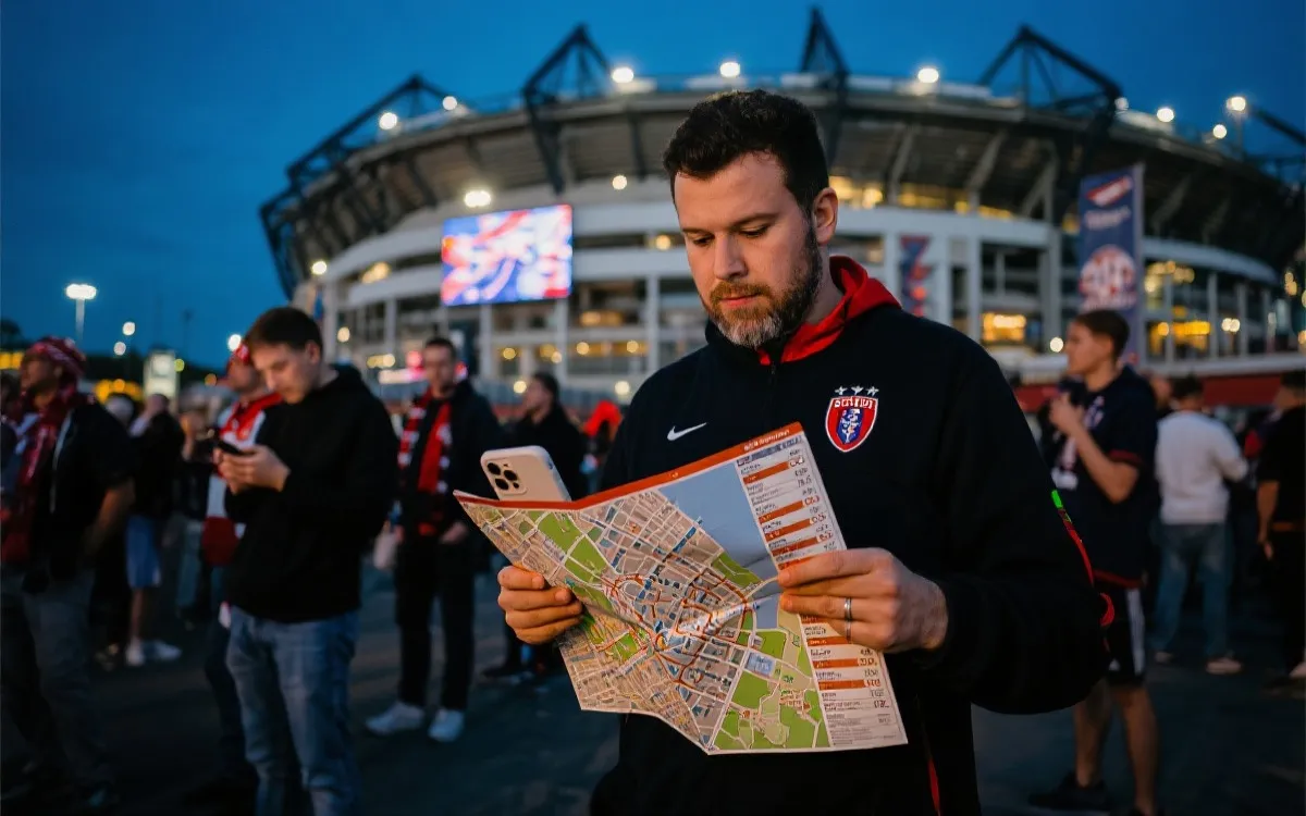 球迷在体育场外查看赛程与城市路线的旅行风格照片